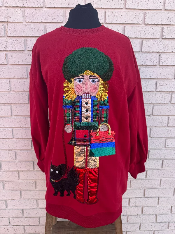 Dark Red Blonde Haired Lady Nutcracker Sweatshirt Dress Hoodie with Color Block Contrast Stylish