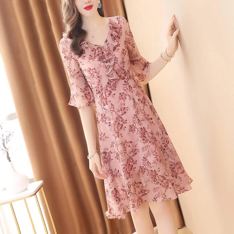 Chiffon Waist Party Dress A-line Women Ruffled Sleeve Print Floral Dress Female Vestido Plus Size Tunics Formal black