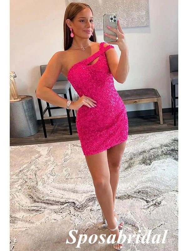 Sarkly Pink Sequin One Shoulder Sheath Mini Dresses/ Homecoming Dresses, PD3542 Chic Tropical Mini Dress Sarkly Pink Sequin One Shoulder Sheath Mini Dresses/ Homecoming Dresses, PD3542 Chic Tropical Mini Dress