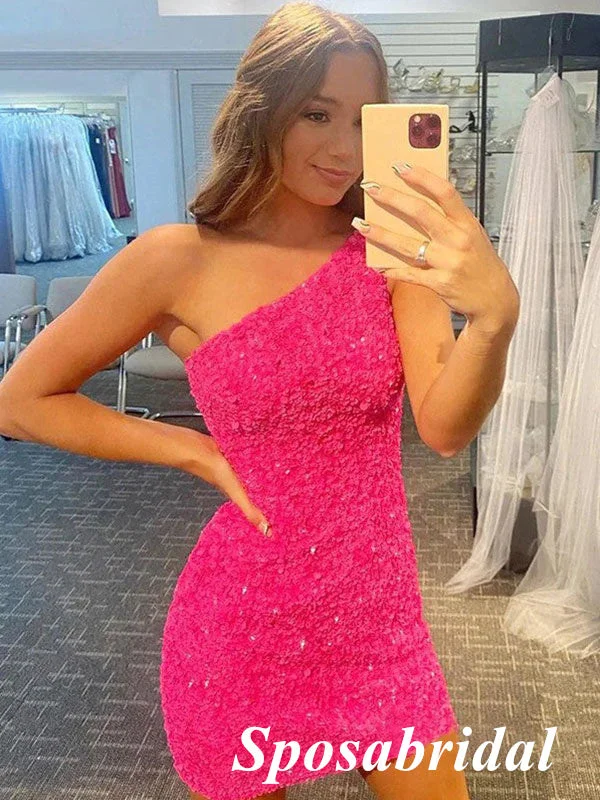 Sarkly Pink Sequin One Shoulder Sheath Mini Dresses/ Homecoming Dresses, PD3543 Cozy A-Line Mini Dress Sarkly Pink Sequin One Shoulder Sheath Mini Dresses/ Homecoming Dresses, PD3543 Cozy A-Line Mini Dress