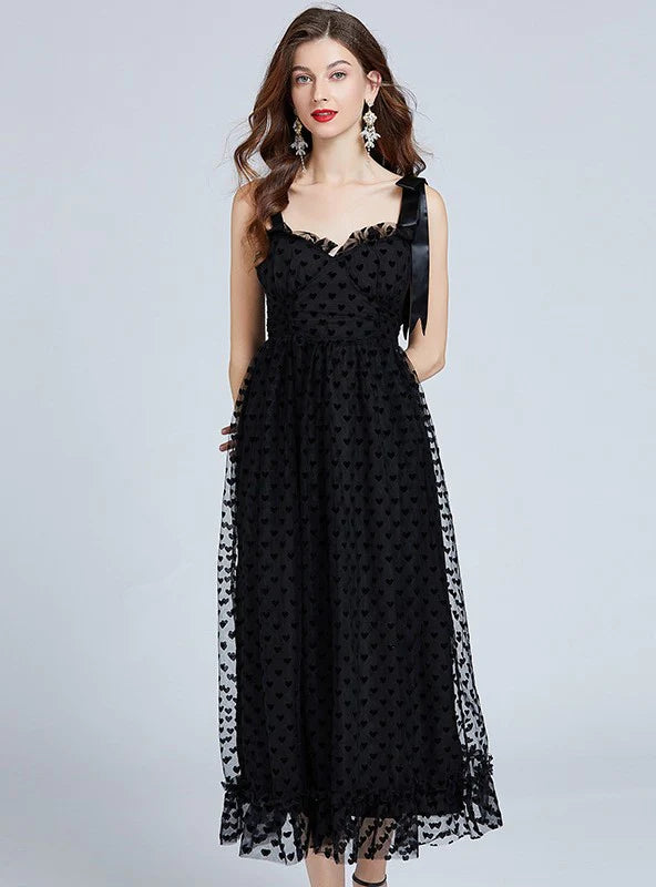 TULLE FLOCKING BOW SLING PARTY DRESS Tunics Silk luxurious