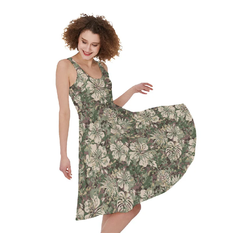 Aloha Hawaiian Camo Flower Pattern Print Sleeveless Knee Length Dress Tunics Silk luxurious