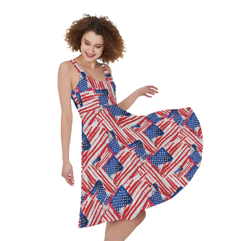 Abstract American Flag Print Sleeveless Knee Length Dress Tunics Long Elegant