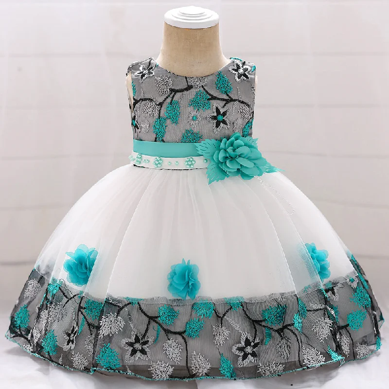 Baby Girl Elegant Flower Embroidery Puffy Princess Party Dress Tunics Yoga stretchy