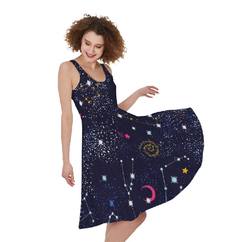 Zodiac Star Signs Galaxy Space Print Sleeveless Knee Length Dress Tunics Practical easy-care Zodiac Star Signs Galaxy Space Print Sleeveless Knee Length Dress Tunics Practical easy-care