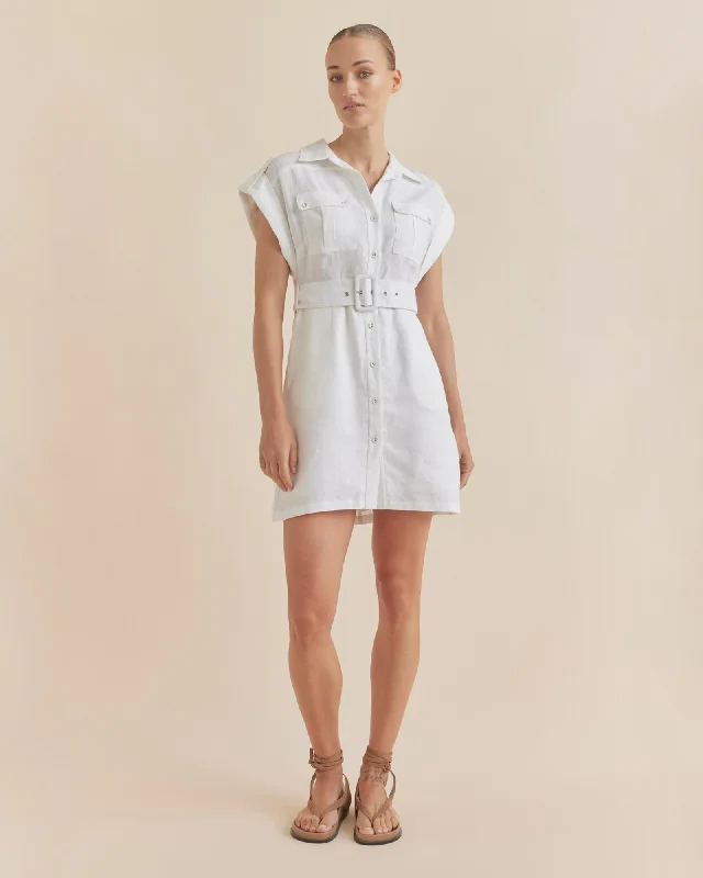 Esra Utility Mini Dress - White Stylish Ruffle Mini Dress