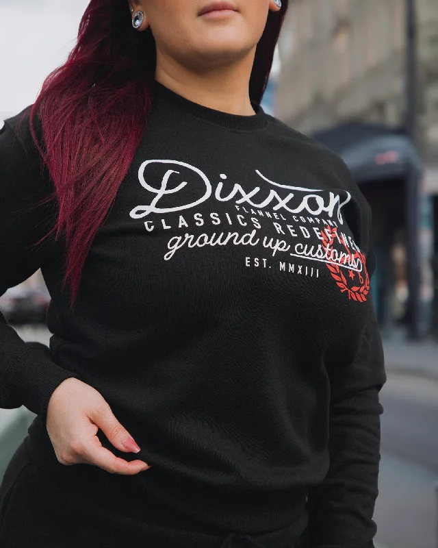 Women's Ground Up Customs Crewneck Sweatshirt - Black Hoodie with Side Slits Relaxed Casual