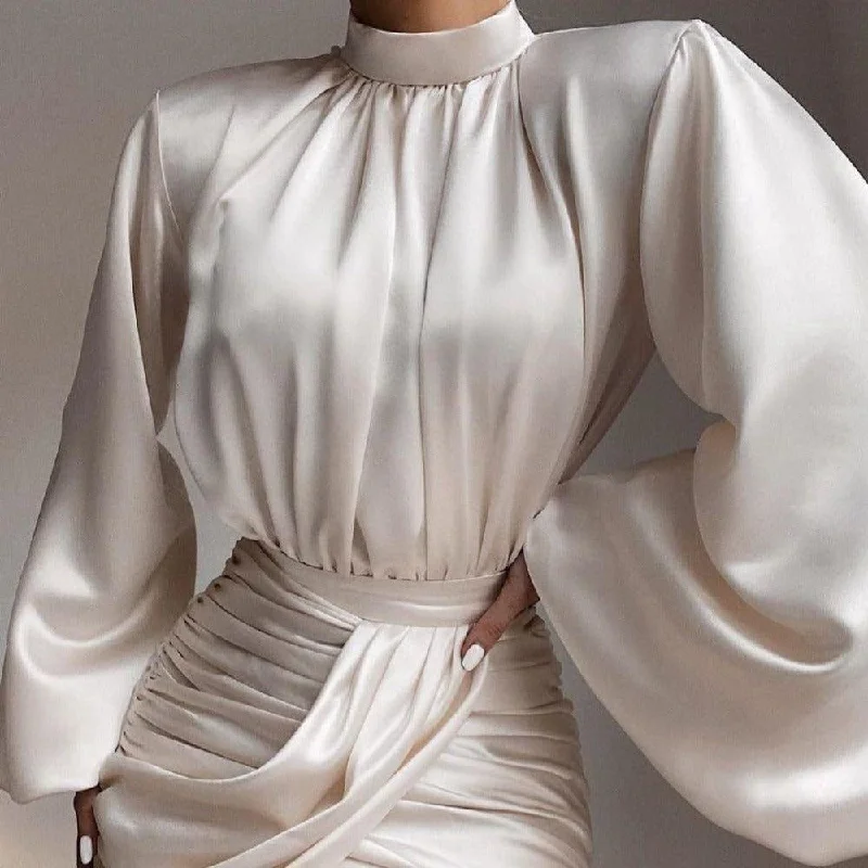 Monaco Ruched Puff Sleeve Satin Mini Dress Cozy Jersey Mini Dress