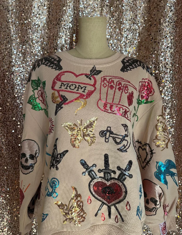 BEIGE TATTOO SWEATSHIRT Hoodie with Ribbed Cuffs Snug Fit Comfort