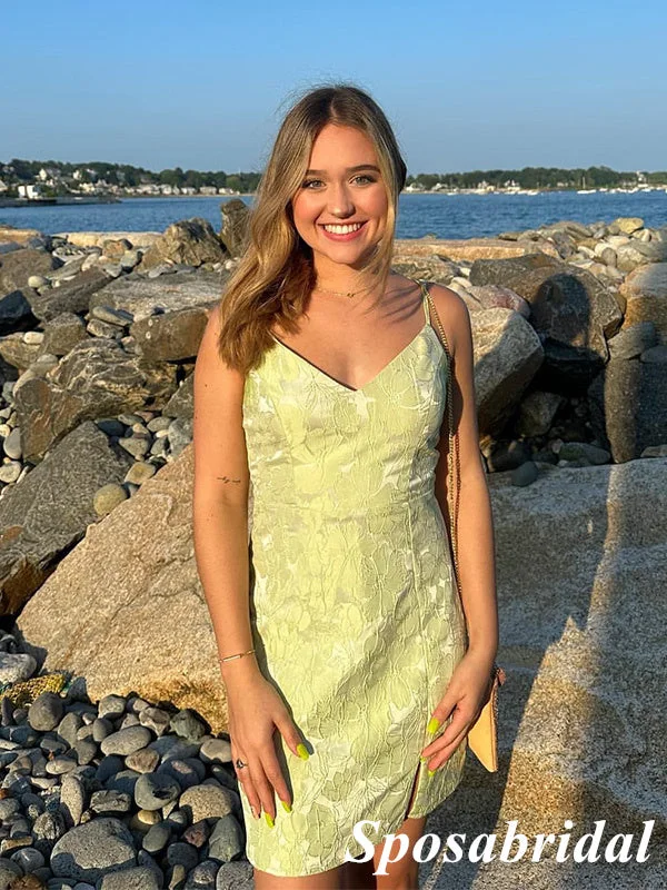 Sexy Yellow Spaghetti Straps V-Neck Sleeveless Sheath Mini Dresses/ Homecoming Dresses, PD3621 Elegant Mini Dress with Ruffles Sexy Yellow Spaghetti Straps V-Neck Sleeveless Sheath Mini Dresses/ Homecoming Dresses, PD3621 Elegant Mini Dress with Ruffles