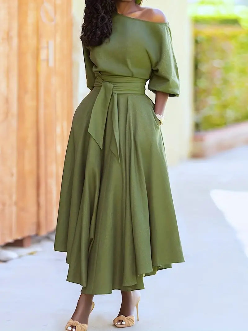 Green Puffy Sleeve Belt Midi A Line Party Dress Tunics Chinos classic