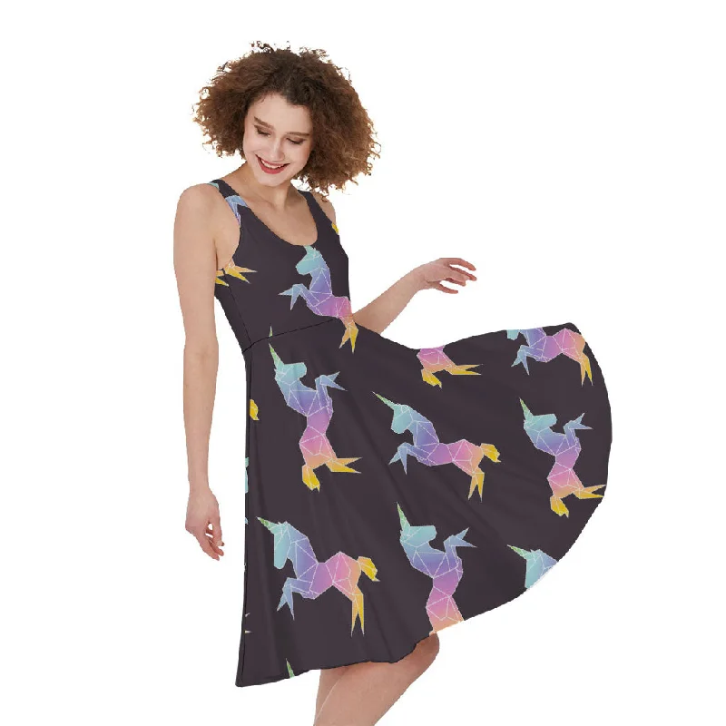 Rainbow Origami Unicorn Pattern Print Sleeveless Knee Length Dress Tunics Stylish modern