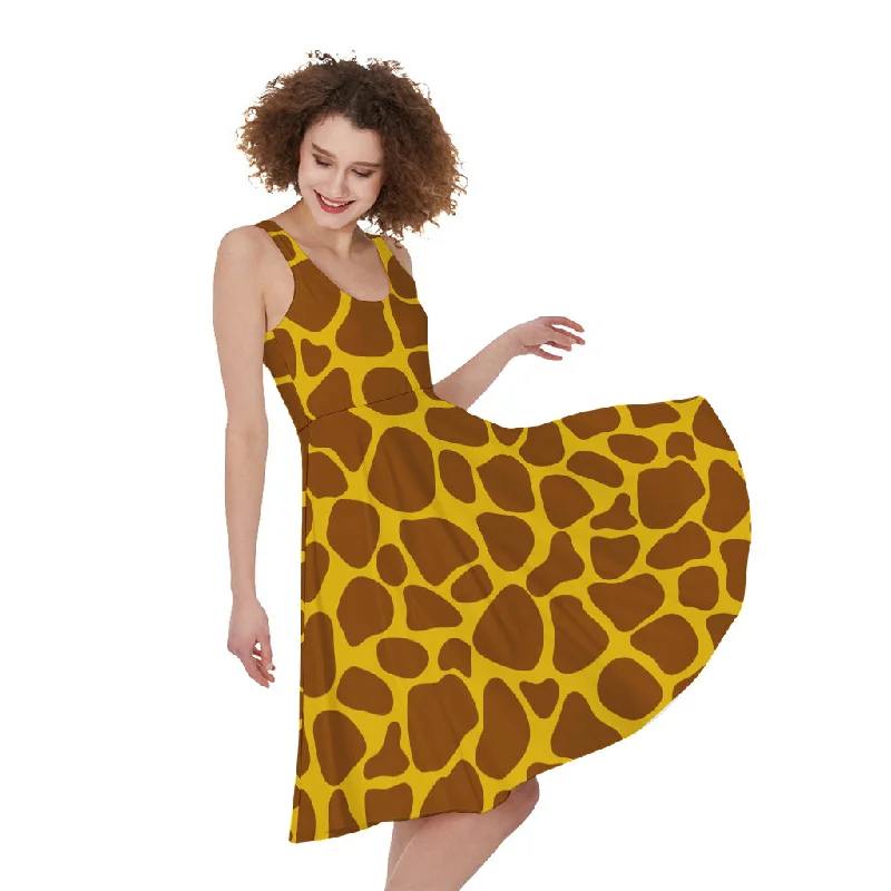 Yellow Brown Giraffe Pattern Print Sleeveless Knee Length Dress Tunics Corduroy durable Yellow Brown Giraffe Pattern Print Sleeveless Knee Length Dress Tunics Corduroy durable