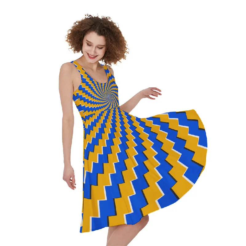 Yellow Spiral Moving Optical Illusion Sleeveless Knee Length Dress Turtleneck Warm Winter