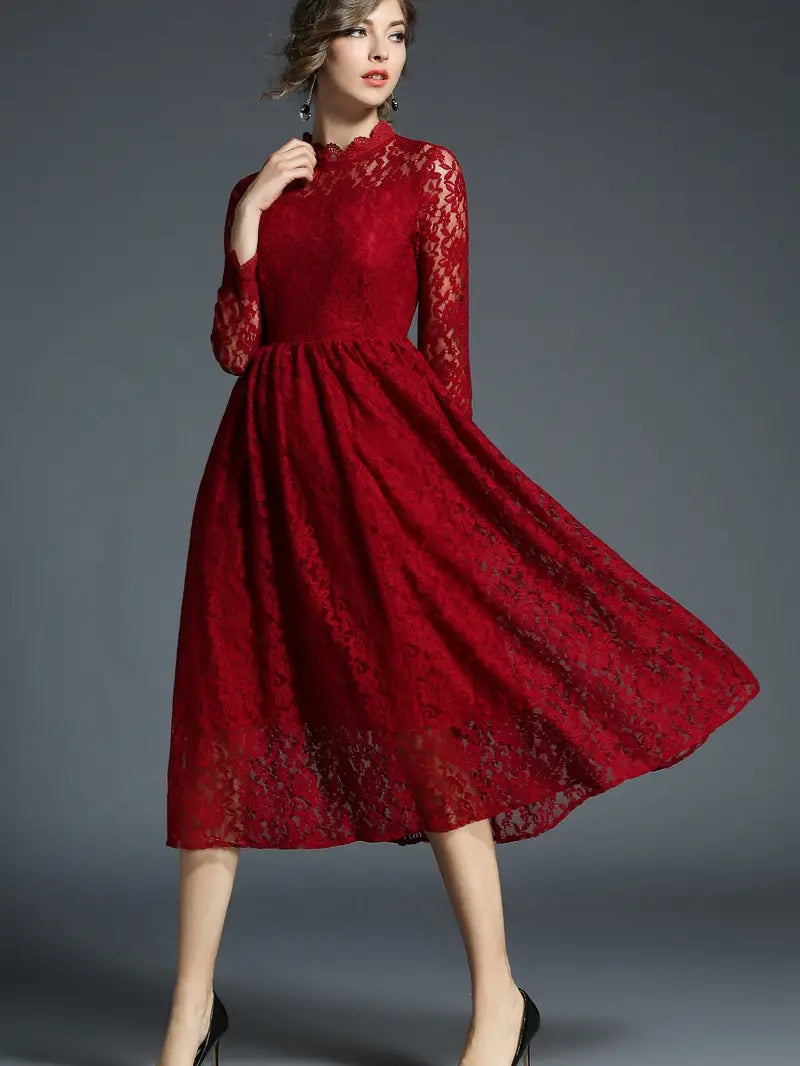 Burgundy High Neck Lace Long Sleeve Party Dress Tunics Business professional