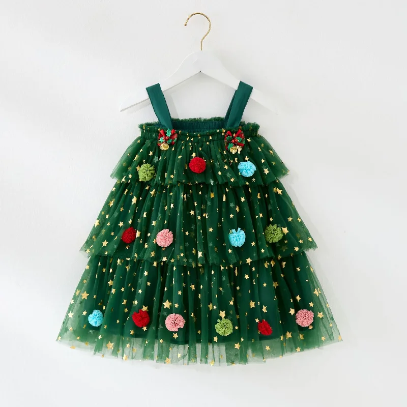 New Year Christmas Dress Mesh Birthday Dress Girls Cake Dress Floral Print girly