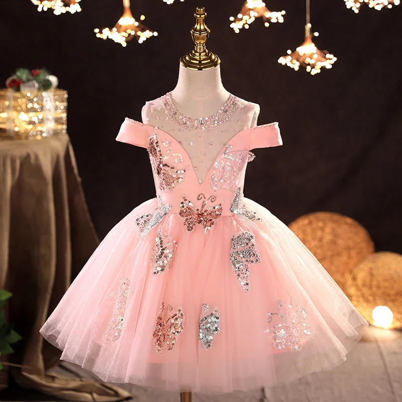 Baby Girl First Communion Dress Girl Pink Sequin Butterfly Mesh Fluffy Princess Party Dress Tunics Long Elegant Baby Girl First Communion Dress Girl Pink Sequin Butterfly Mesh Fluffy Princess Party Dress Tunics Long Elegant