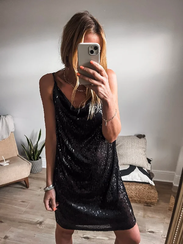 Strappy Cowl Neck Sequin Mini Dress Comfortable Smocked Mini Dress