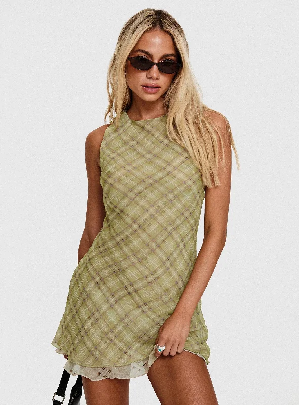 Buffie Tie Shoulder Mini Dress Green Check Classic Floral Print Mini Dress