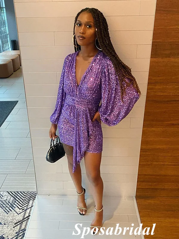Shiny Sequin Long Sleeves V-Neck A-Line Mini Dresses/ Homecoming Dresses, PD3652 Chic Bohemian Mini Dress Shiny Sequin Long Sleeves V-Neck A-Line Mini Dresses/ Homecoming Dresses, PD3652 Chic Bohemian Mini Dress