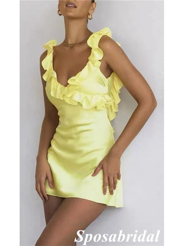 Sexy Soft Satin Spaghetti Straps V-Neck Sleeveless Mini Dresses/ Homecoming Dresses With Feather, PD3650 Classic Floral Mini Dress