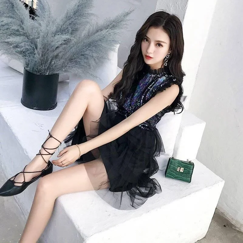 Mesh Sleeveless Sequins Party Dress Women Sequined Dress Elegant Sleeveless Layered Knee Vestidos Tunics Modern contemporary Mesh Sleeveless Sequins Party Dress Women Sequined Dress Elegant Sleeveless Layered Knee Vestidos Tunics Modern contemporary