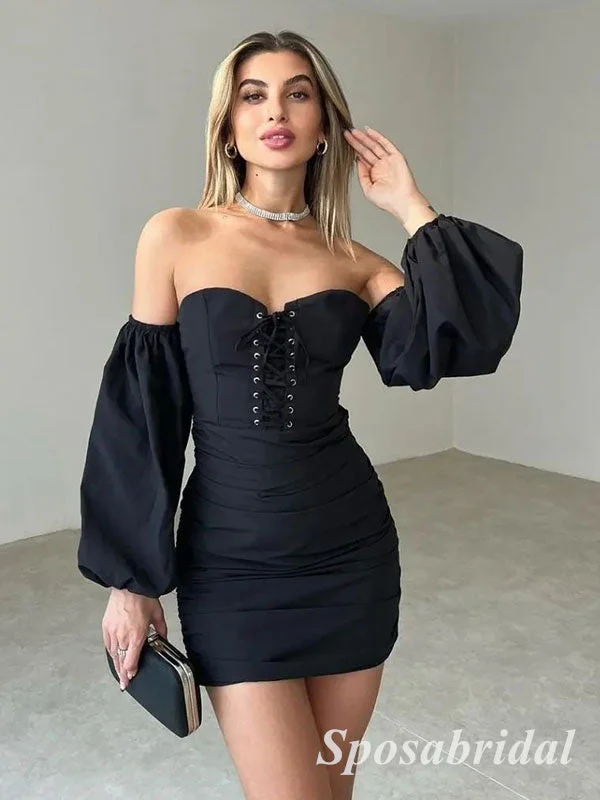 Sexy Black Special Fabric Sweetheart Sheath Mini Dresses/ Homecoming Dresses With Long Sleeves, PD3535 Fashionable Mini Dress with Pockets