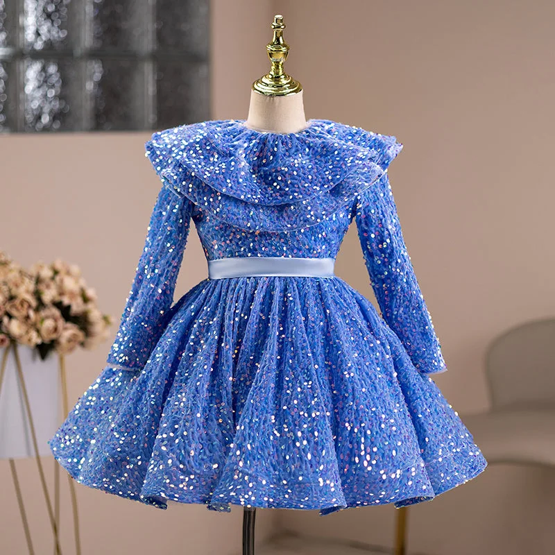 Girl Birthday Party Dress Baby Girl Pageant Blue Long Sleeve Sequin Puffy Princess Dress Tunics Practical easy-care