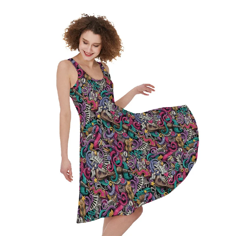 Abstract Music Pattern Print Sleeveless Knee Length Dress Crew Neckline Casual