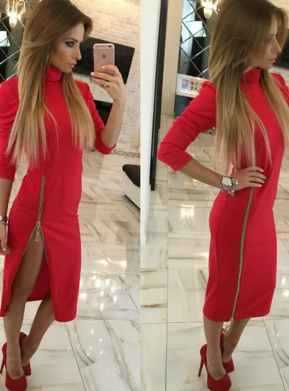 Zipper Up Split Sexy Party Dresses Long Sleeve Tunics Floral girly
