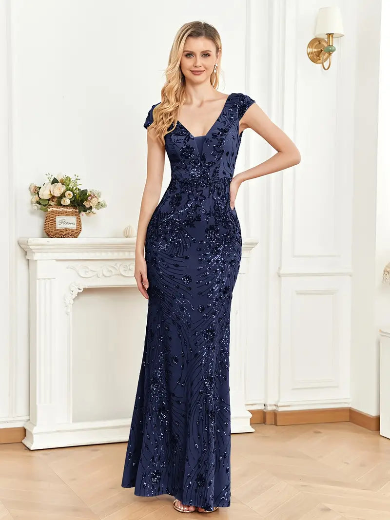 Mesh V Neck Sequin Cap Sleeve Ankle Prom Party Dress Tunics Hiking breathable