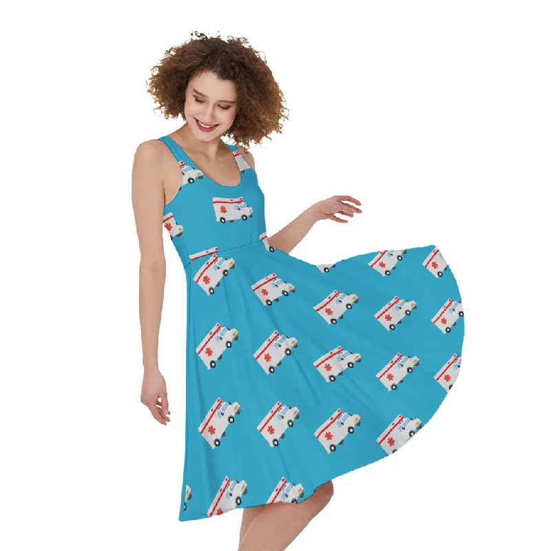 Ambulance Paramedic Car Pattern Print Sleeveless Knee Length Dress Crew Neckline Sporty Ambulance Paramedic Car Pattern Print Sleeveless Knee Length Dress Crew Neckline Sporty