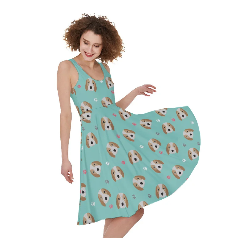 Adorable Beagle Puppy Pattern Print Sleeveless Knee Length Dress Tunics Practical easy-care Adorable Beagle Puppy Pattern Print Sleeveless Knee Length Dress Tunics Practical easy-care