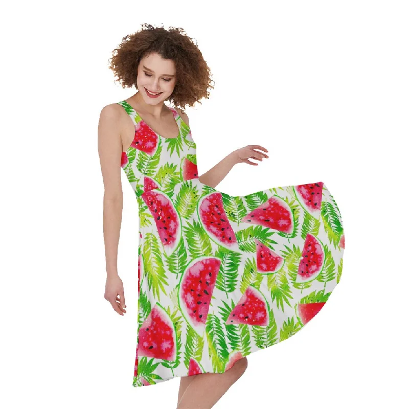 White Summer Watermelon Pattern Print Sleeveless Knee Length Dress Tunics Formal black White Summer Watermelon Pattern Print Sleeveless Knee Length Dress Tunics Formal black