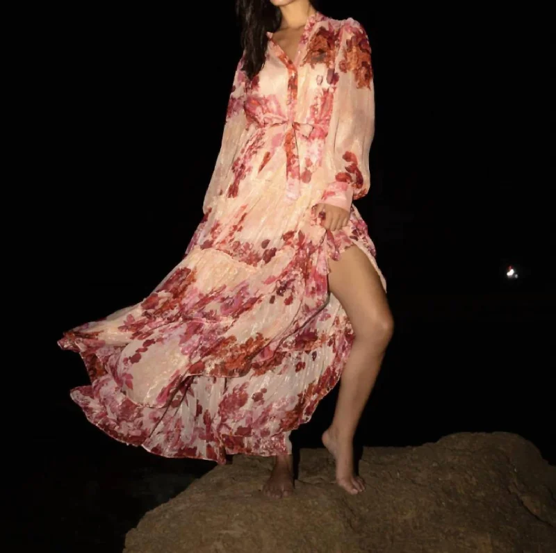 Dali Long Dress In Pink Crew Neckline Casual