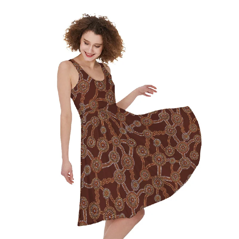 Aboriginal Indigenous Dot Pattern Print Sleeveless Knee Length Dress Tunics Silk luxurious Aboriginal Indigenous Dot Pattern Print Sleeveless Knee Length Dress Tunics Silk luxurious