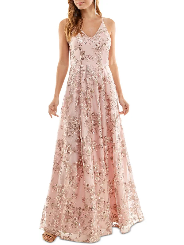 Juniors Womens Sequined Long Evening Dress Cowl Neckline Elegant