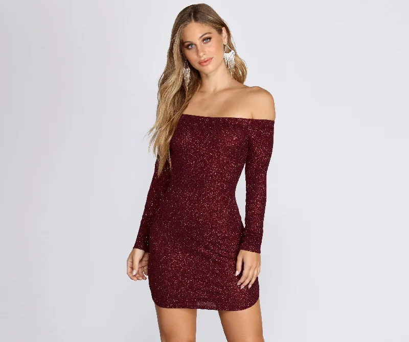 Off Shoulder Long Charming Sleeve Glittering Mini Dress Modern Satin Mini Dress