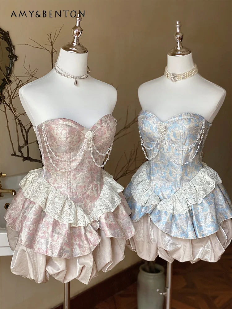 Sweet Elegance Retro Jacquard Strapless Dress for Women Lolita Dresses Cute Pearl Pendant Slim Fit Patchwork Sexy Mini Dress Comfortable Ruffle Mini Dress Sweet Elegance Retro Jacquard Strapless Dress for Women Lolita Dresses Cute Pearl Pendant Slim Fit Patchwork Sexy Mini Dress Comfortable Ruffle Mini Dress