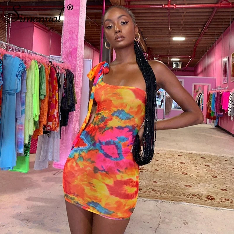 Simenual Sexy Hot Tie Dye Women Bodycon Dress One Shoulder Bandage Fashion Party Mini Dresses Sleeveless 2019 Skinny Print Dress Trendy Mesh Mini Dress Simenual Sexy Hot Tie Dye Women Bodycon Dress One Shoulder Bandage Fashion Party Mini Dresses Sleeveless 2019 Skinny Print Dress Trendy Mesh Mini Dress