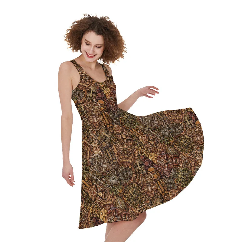 African Totem Pattern Print Sleeveless Knee Length Dress Tunics Custom made