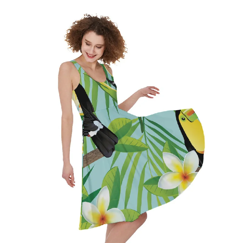 Aloha Keel-Billed Toucan Print Sleeveless Knee Length Dress Tunics Floral girly