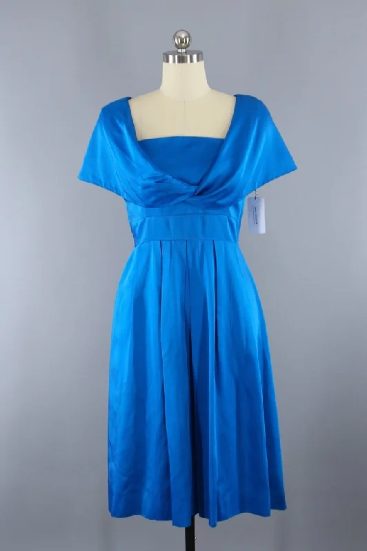 Vintage Electric Blue Satin Cocktail Party Dress Crew Neckline Casual