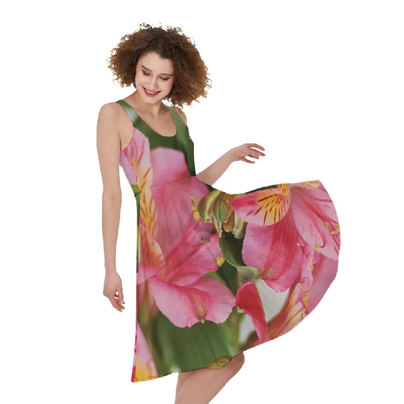 Alstroemeria Flower Print Sleeveless Knee Length Dress Turtleneck Warm Winter