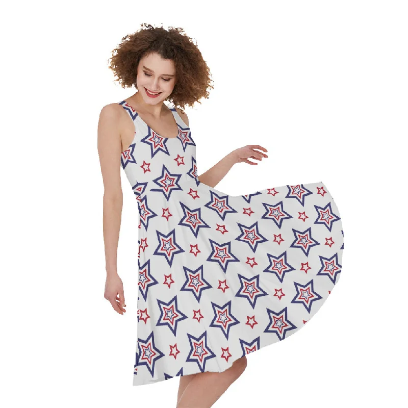 4th of July USA Star Pattern Print Sleeveless Knee Length Dress Tunics Stylish elegant