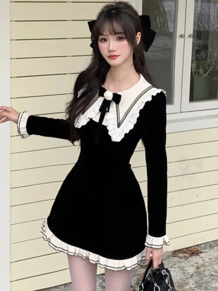 Y2K Sweet Velvet Womens Dresses French Patchwork Princess Flare Long Sleeves Birthday Party Mini Dress Female Short Vestidos New Classic Shift Mini Dress Y2K Sweet Velvet Womens Dresses French Patchwork Princess Flare Long Sleeves Birthday Party Mini Dress Female Short Vestidos New Classic Shift Mini Dress
