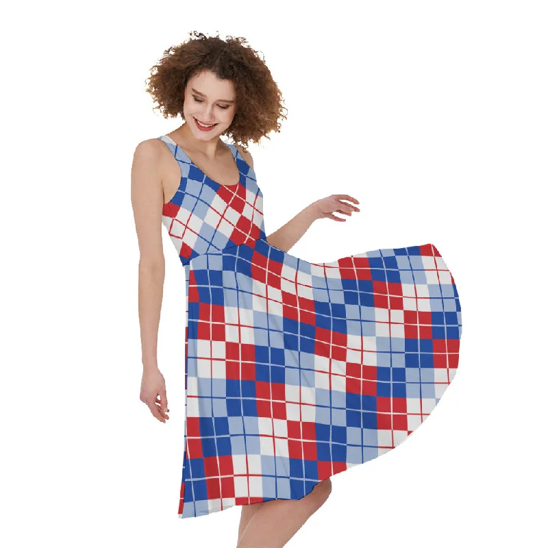 American Argyle Pattern Print Sleeveless Knee Length Dress Square Neckline Feminine