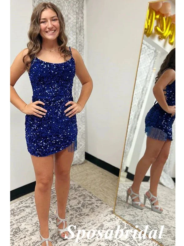 Shiny Royal Blue Sequin Spaghetti Straps Sheath Mini Dresses/ Homecoming Dresses With Tassel, PD3553 Stylish Ribbed Mini Dress Shiny Royal Blue Sequin Spaghetti Straps Sheath Mini Dresses/ Homecoming Dresses With Tassel, PD3553 Stylish Ribbed Mini Dress