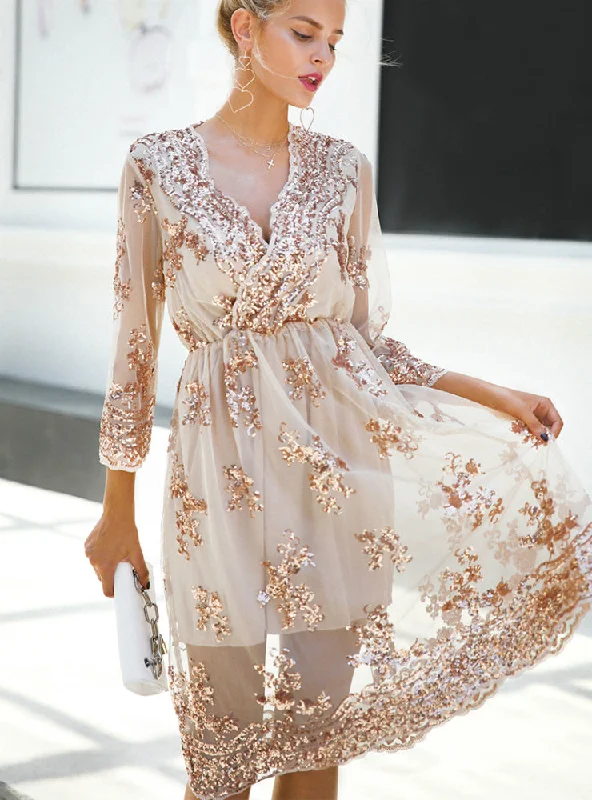 V Neck Long Sleeve Sequin Party Dresses Women Tunics Print Colorful