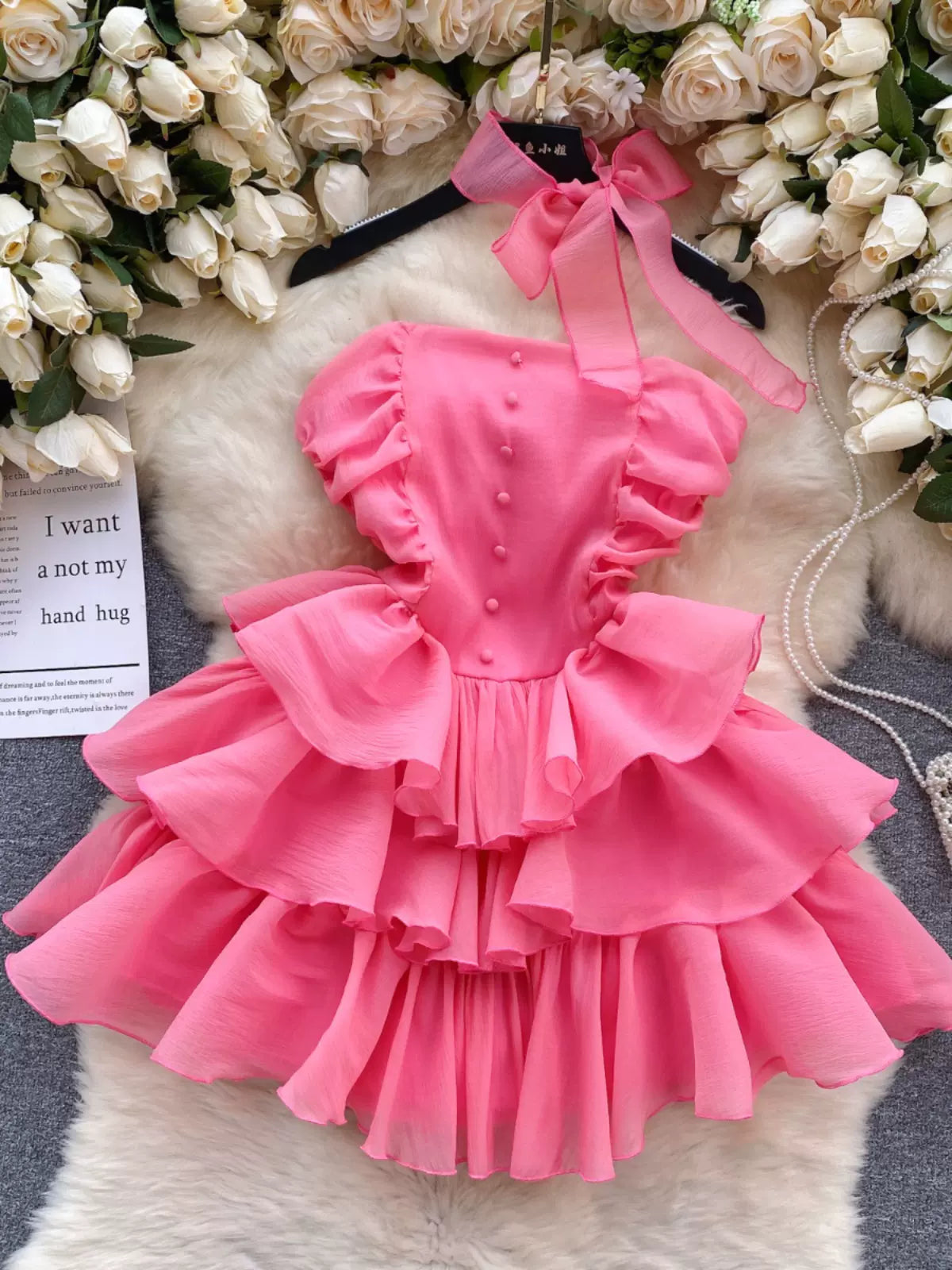 Accolade-Winning Pink Ruffle Party Dress with Satin Bows A-Line Day Work